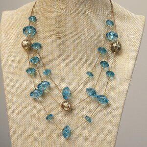 Gold tone, blue beaded, filagree gold ball multi layer beaded necklace